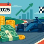 Illustratie van een Formule 1-auto op een circuit met stapels geld, munten en een kalender met 2025, symbool voor het vermogen van Max Verstappen