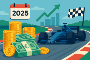 Illustratie van een Formule 1-auto op een circuit met stapels geld, munten en een kalender met 2025, symbool voor het vermogen van Max Verstappen